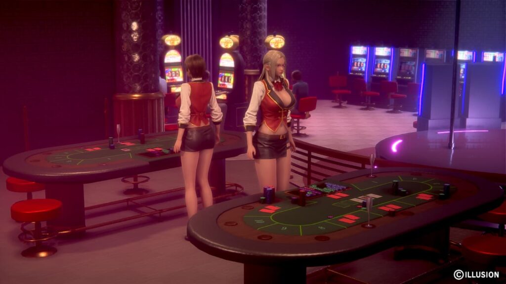 カジノのポーカーホールで各々テーブルを受け持つ2人の女ディーラー