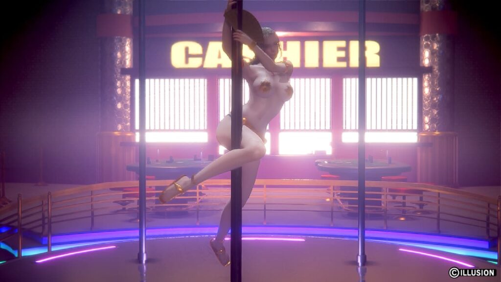 露出の多い衣装でポールダンスを踊る女ディーラー