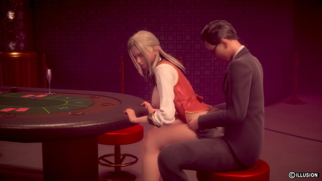 ポーカーテーブルに手をついて背面座位で取引先とセックスする女ディーラー