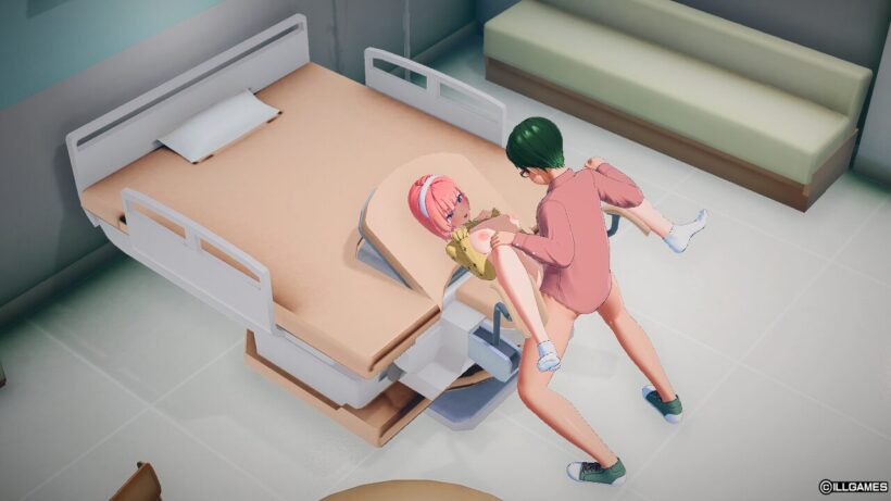 病院のベッドが変形した分娩台でセックスする男女