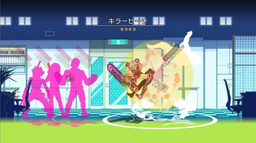 戦闘画面でヒップアタック「キラーピーチ」で敵を吹っ飛ばすナユタメンバー・キラキラ