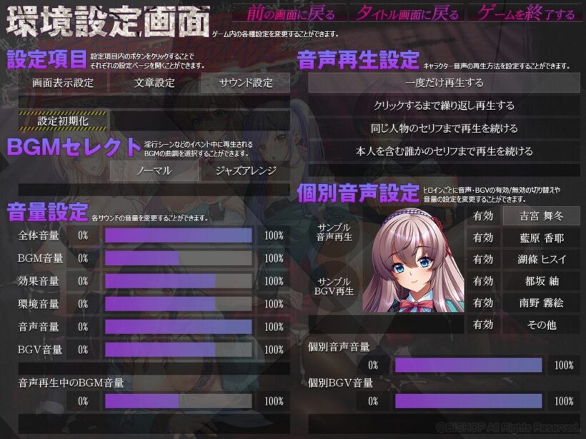 環境設定画面のサウンド設定。左中央やや上に「ノーマル」と「ジャズアレンジ」から選べるBGMセレクトの項目がある
