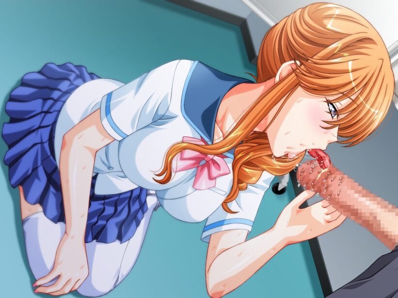 セーラー服姿で床に座り舌をうねらせて主人公の亀頭を舐め回す由祐葉