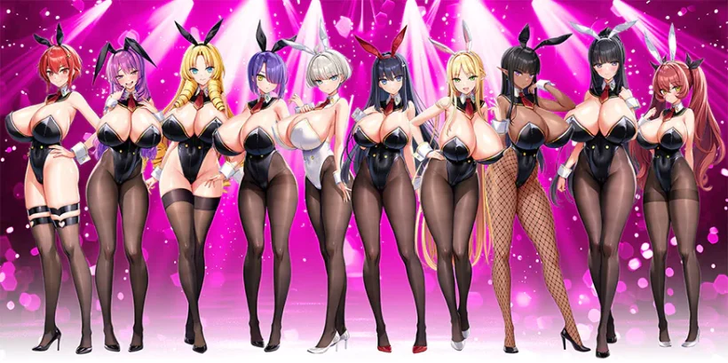 メインヒロインである女子学生10人の集合立ち絵。全員が制服であるバニーガール姿
