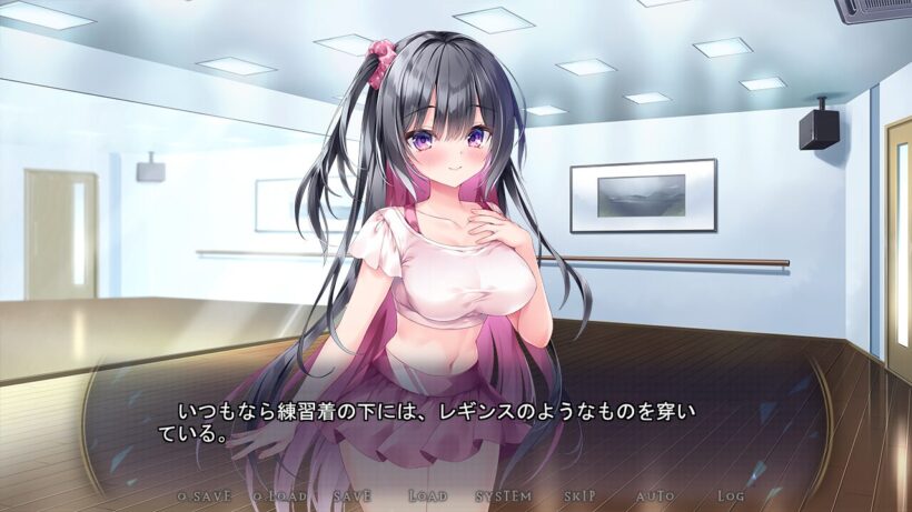 レッスンスタジオで、練習着の下にいつも穿いているレギンスを穿いていない飛鳥 凛の姿に違和感を覚える土岐 譲のモノローグ