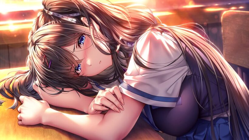 さゆみのイベントCG。夕暮れの教室で制服姿のさゆみが机に突っ伏してアンニュイな顔でこちらを見つめている