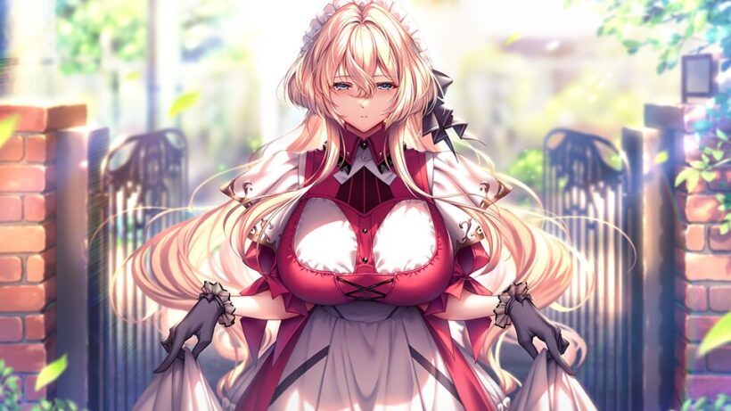 スカーレットのイベントCG。メイド服姿のスカーレットが主人公宅の玄関先でスカートをつまみ上げて無表情で礼をしている