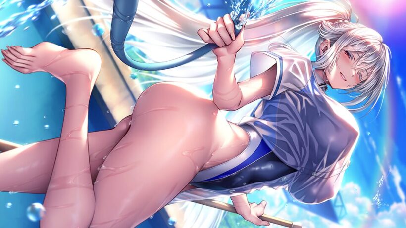 冬樺のイベントCG。晴天のプールで競泳水着の上に濡れたTシャツを羽織った冬樺がホースとデッキブラシを片手にプール清掃しながらはしゃいでいる