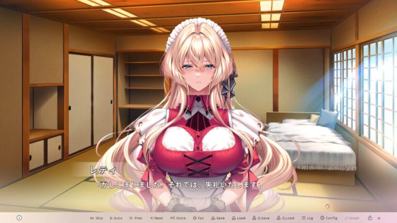 スカーレットの会話シーン。主人公の部屋で了解と退室の挨拶を丁寧に告げるメイド服姿のスカーレット