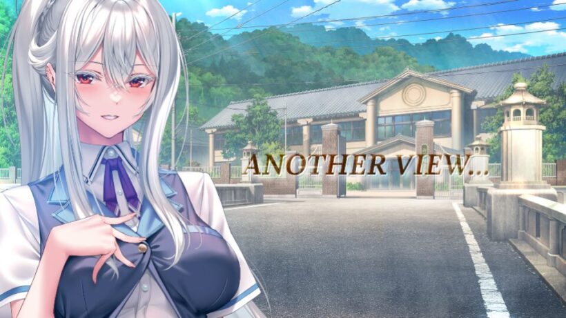 冬樺視点への移行を示す画面。御所院学園を背景に制服姿の冬樺のバストアップと「ANOTHER VIEW...」の文字