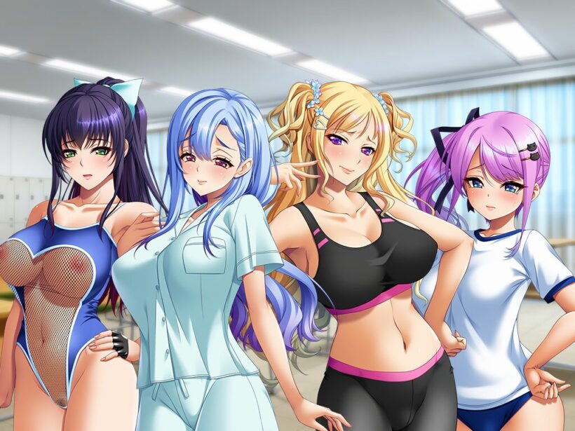 衣装チェンジした学生4人の立ち絵。左から改造スク水姿の白雪、パジャマ姿の聡莉、トレーニングウェア姿の美尋、ブルマ姿のきらり