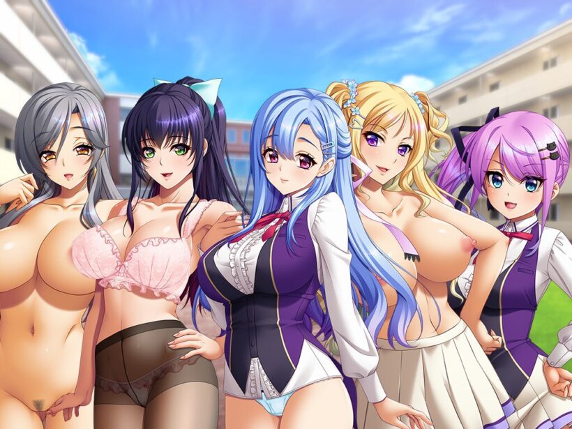 ぬぎぬぎシステムで脱衣状態を変更した立ち絵。左から全裸の藍音、下着姿の白雪、学生服のスカートのみ脱いだ聡莉、学生服の上半身のみ脱いだ美尋、学生服姿のきらり