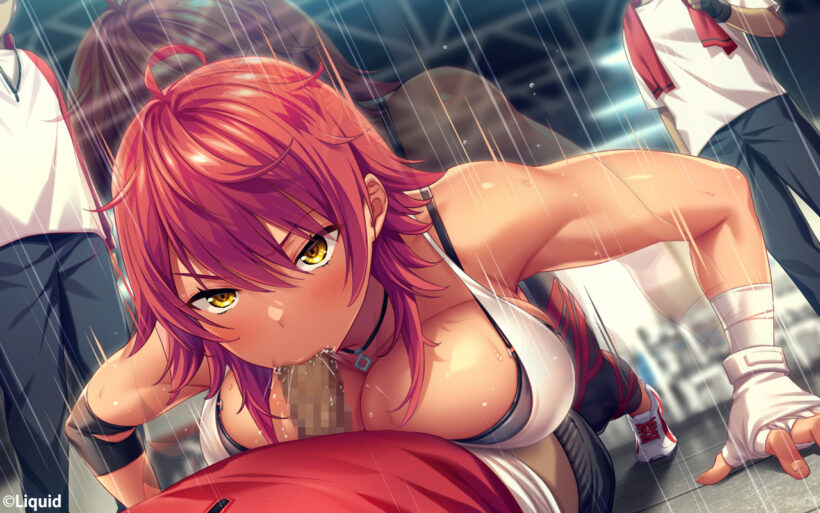 あかねの調教シーン。スポーツウェア姿で腕立て伏せをしつつ、自分の下に仰向けになった男子学生のチンポにフェラしている。