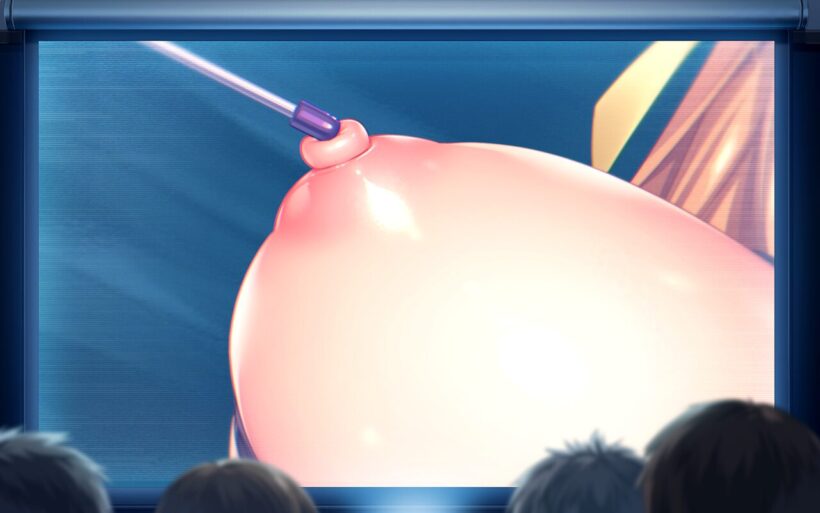 学生の前のスクリーンに大写しになった、汐里の右のおっぱい。指示棒で乳首を指されている。